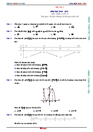 Đề phát triển môn Toán Lớp 12 - Đề số 1 - Năm học 2020-2021 (Có đáp án)