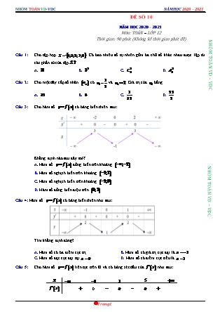 Đề phát triển môn Toán Lớp 12 - Đề số 10 - Năm học 2020-2021 (Có đáp án)