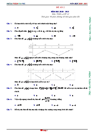 Đề phát triển môn Toán Lớp 12 - Đề số 2 - Năm học 2020-2021 (Có đáp án)
