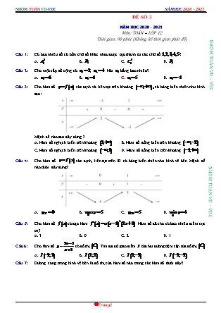 Đề phát triển môn Toán Lớp 12 - Đề số 3 - Năm học 2020-2021 (Có đáp án)