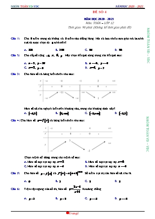 Đề phát triển môn Toán Lớp 12 - Đề số 4 - Năm học 2020-2021 (Có đáp án)