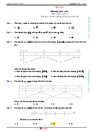 Đề phát triển môn Toán Lớp 12 - Đề số 6 - Năm học 2020-2021 (Có đáp án)