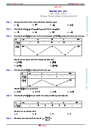Đề phát triển môn Toán Lớp 12 - Đề số 7 - Năm học 2020-2021 (Có đáp án)