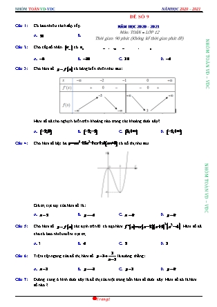 Đề phát triển môn Toán Lớp 12 - Đề số 9 - Năm học 2020-2021 (Có đáp án)