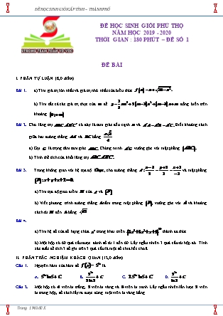 Đề thi học sinh giỏi cấp tỉnh môn Toán Lớp 12 - Năm học 2020-2021 - Sở giáo dục và đào tạo Phú Thọ (Có đáp án)