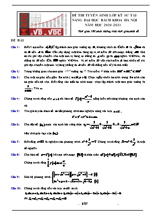 Đề thi tuyển sinh lớp kỹ sư tài năng Đại học Bách khoa Hà Nội - Năm học 2020-2021