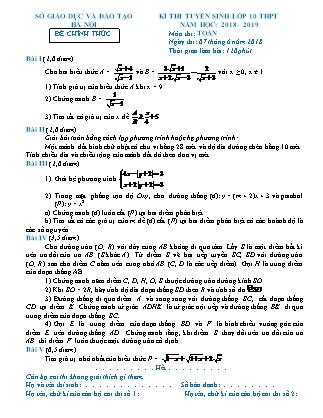 Đề thi tuyển sinh vào Khối 10 môn Toán - Năm học 2018-2019 - Sở giáo dục và đào tạo Thành phố Hà Nội (Có đáp án)
