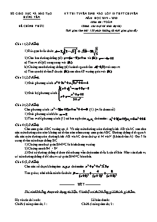 Đề thi tuyển sinh vào Lớp 10 chuyên Toán - Năm học 2019-2020 - Sở giáo dục và đào tạo tỉnh Hưng Yên (Có đáp án)