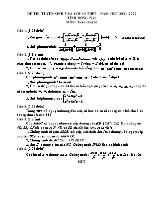 Đề thi tuyển sinh vào Lớp 10 chuyên Toán - Năm học 2021-2022 - Sở giáo dục và đào tạo Đồng Nai (Có đáp án)