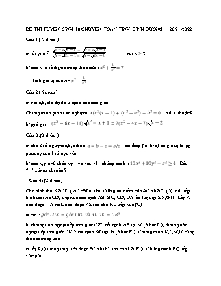Đề thi tuyển sinh vào Lớp 10 chuyên Toán - Năm học 2021-2022 - Sở giáo dục và đào tạo Bình Dương
