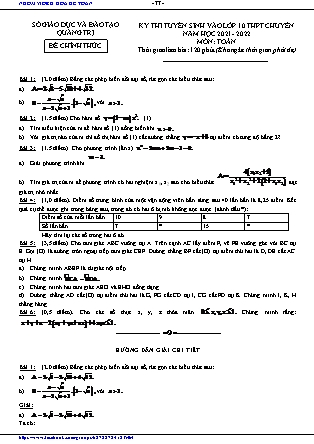 Đề thi tuyển sinh vào Lớp 10 chuyên Toán - Năm học 2021-2022 - Sở giáo dục và đào tạo Quảng Trị (Có đáp án)