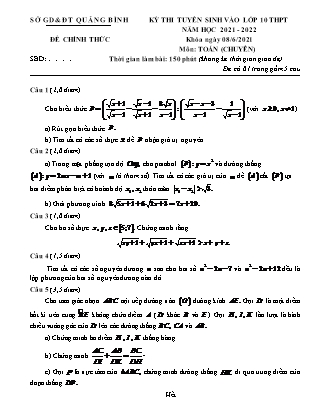 Đề thi tuyển sinh vào Lớp 10 chuyên Toán - Năm học 2021-2022 - Sở giáo dục và đào tạo Quảng Bình (Có đáp án)