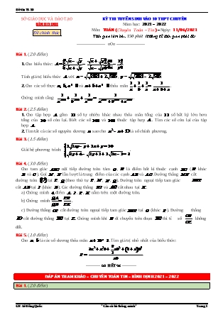 Đề thi tuyển sinh vào Lớp 10 chuyên Toán - Năm học 2021-2022 - Sở giáo dục và đào tạo Bình Định (Có đáp án)