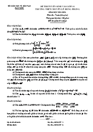 Đề thi tuyển sinh vào Lớp 10 chuyên Toán - Năm học 2021-2022 - Trường THPT chuyên Lê Hồng Phong