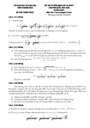 Đề thi tuyển sinh vào Lớp 10 chuyên Toán - Năm học 2021-2022 - Trường THPT chuyên Quốc học Huế (Có đáp án)