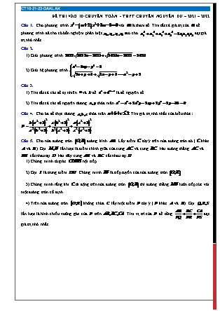 Đề thi tuyển sinh vào Lớp 10 chuyên Toán - Năm học 2021-2022 - Trường THPT chuyên Nguyễn Du (Có đáp án)