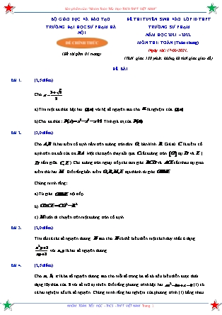 Đề thi tuyển sinh vào Lớp 10 môn Toán chung - Năm học 2021-2022 - Trường Đại học Sư phạm Hà Nội (Có đáp án)