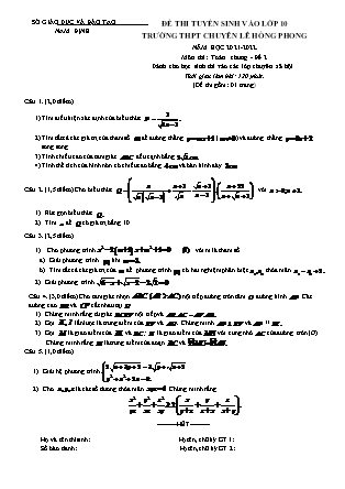 Đề thi tuyển sinh vào Lớp 10 môn Toán - Đề 2 - Năm học 2021-2022 - Trường THPT chuyên Lê Hồng Phong