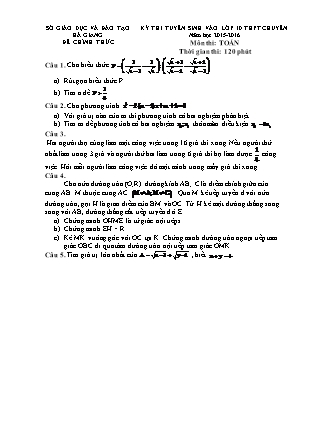 Đề thi tuyển sinh vào Lớp 10 môn Toán - Năm học 2015-2016 - Sở giáo dục và đào tạo tỉnh Hà Giang (Có đáp án)