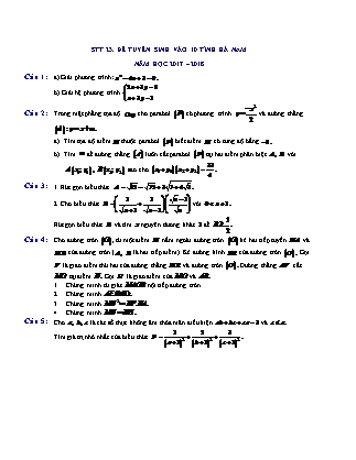 Đề thi tuyển sinh vào Lớp 10 môn Toán - Năm học 2017-2018 - Sở giáo dục và đào tạo tỉnh Hà Nam (Có đáp án)