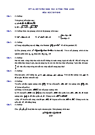Đề thi tuyển sinh vào Lớp 10 môn Toán - Năm học 2017-2018 - Sở giáo dục và đào tạo tỉnh Vĩnh Long (Có đáp án)
