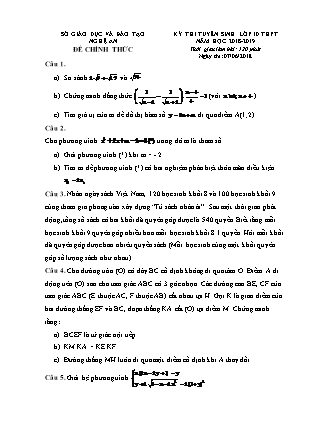 Đề thi tuyển sinh vào Lớp 10 môn Toán - Năm học 2018-2019 - Sở giáo dục và đào tạo tỉnh Nghệ An (Có đáp án)