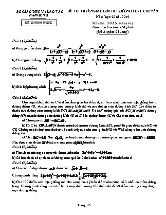 Đề thi tuyển sinh vào Lớp 10 môn Toán - Năm học 2018-2019 - Sở giáo dục và đào tạo tỉnh Nam Định (Có đáp án)