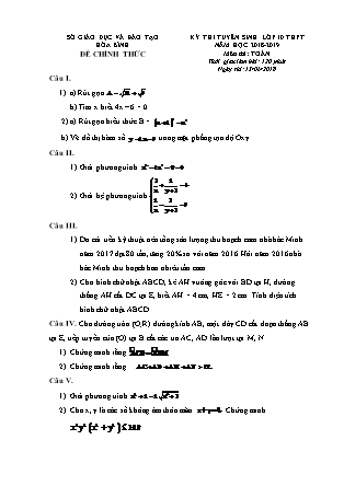 Đề thi tuyển sinh vào Lớp 10 môn Toán - Năm học 2018-2019 - Sở giáo dục và đào tạo tỉnh Hòa Bình (Có đáp án)
