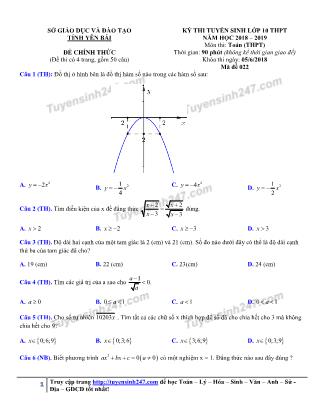 Đề thi tuyển sinh vào Lớp 10 môn Toán - Năm học 2018-2019 - Sở giáo dục và đào tạo tỉnh Yên Bái (Có đáp án)