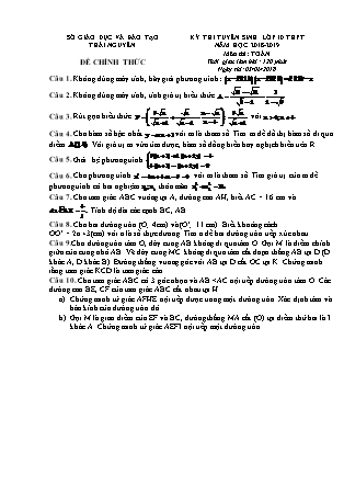 Đề thi tuyển sinh vào Lớp 10 môn Toán - Năm học 2018-2019 - Sở giáo dục và đào tạo tỉnh Thái Nguyên (Có đáp án)
