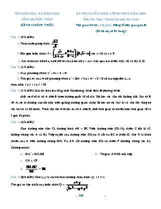 Đề thi tuyển sinh vào Lớp 10 môn Toán - Năm học 2018-2019 - Sở giáo dục và đào tạo tỉnh Quảng Ninh (Có đáp án)