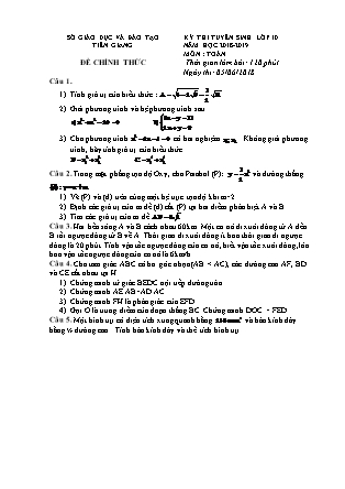 Đề thi tuyển sinh vào Lớp 10 môn Toán - Năm học 2018-2019 - Sở giáo dục và đào tạo tỉnh Tiền Giang (Có đáp án)