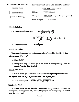 Đề thi tuyển sinh vào Lớp 10 môn Toán - Năm học 2018-2019 - Sở giáo dục và đào tạo tỉnh Quảng Nam (Có đáp án)