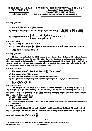 Đề thi tuyển sinh vào Lớp 10 môn Toán - Năm học 2018-2019 - Sở giáo dục và đào tạo tỉnh Thừa Thiên Huế (Có đáp án)