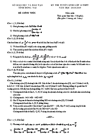 Đề thi tuyển sinh vào Lớp 10 môn Toán - Năm học 2018-2019 - Sở giáo dục và đào tạo tỉnh Đồng Nai (Có đáp án)