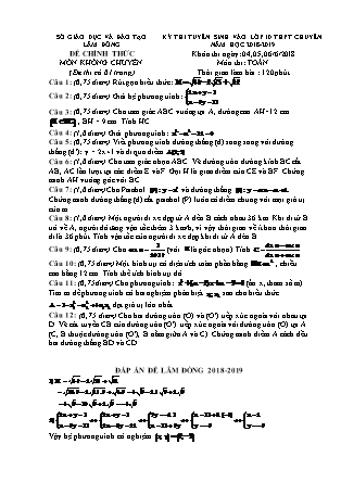 Đề thi tuyển sinh vào Lớp 10 môn Toán - Năm học 2018-2019 - Sở giáo dục và đào tạo tỉnh Lâm Đồng (Có đáp án)