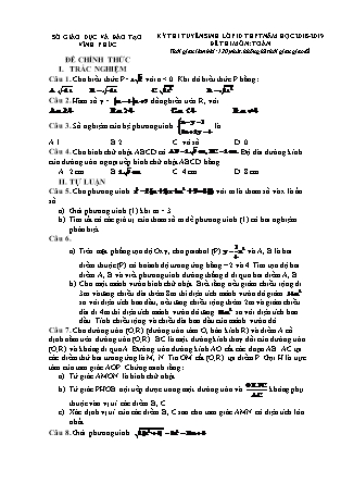 Đề thi tuyển sinh vào Lớp 10 môn Toán - Năm học 2018-2019 - Sở giáo dục và đào tạo tỉnh Vĩnh Phúc (Có đáp án)