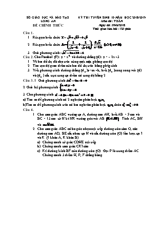 Đề thi tuyển sinh vào Lớp 10 môn Toán - Năm học 2018-2019 - Sở giáo dục và đào tạo tỉnh Long An (Có đáp án)