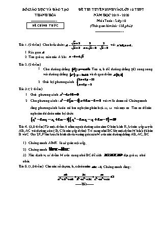 Đề thi tuyển sinh vào Lớp 10 môn Toán - Năm học 2019-2020 - Sở giáo dục và đào tạo tỉnh Thanh Hóa (Có đáp án)