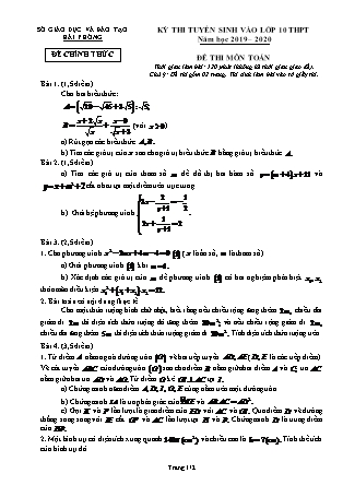 Đề thi tuyển sinh vào Lớp 10 môn Toán - Năm học 2019-2020 - Sở giáo dục và đào tạo Thành phố Hải Phòng (Có đáp án)