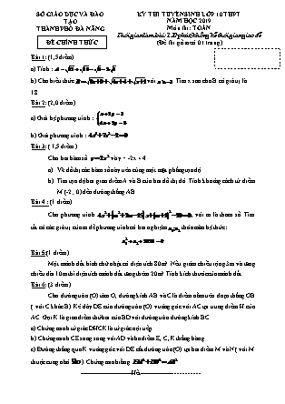 Đề thi tuyển sinh vào Lớp 10 môn Toán - Năm học 2019-2020 - Sở giáo dục và đào tạo Thành phố Đà Nẵng (Có đáp án)