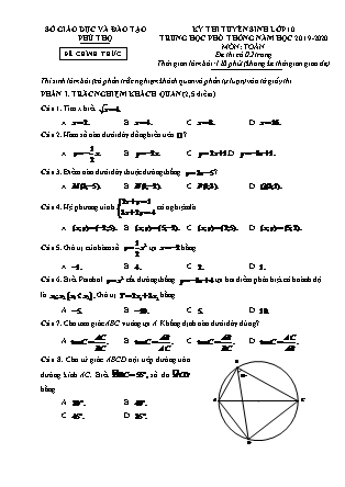 Đề thi tuyển sinh vào Lớp 10 môn Toán - Năm học 2019-2020 - Sở giáo dục và đào tạo tỉnh Phú Thọ (Có đáp án)
