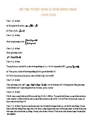 Đề thi tuyển sinh vào Lớp 10 môn Toán - Năm học 2019-2020 - Sở giáo dục và đào tạo tỉnh Đồng Tháp (Có đáp án)