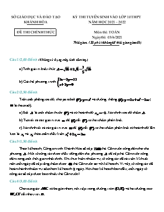 Đề thi tuyển sinh vào Lớp 10 môn Toán - Năm học 2021-2022 - Sở giáo dục và đào tạo Khánh Hòa (Có đáp án)