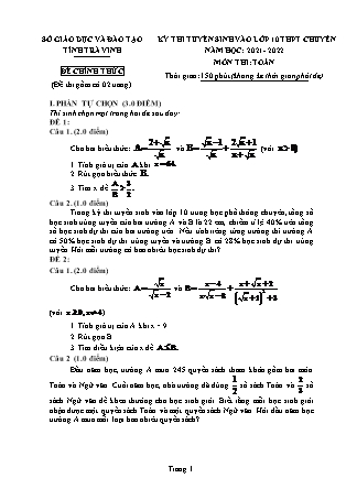 Đề thi tuyển sinh vào Lớp 10 môn Toán - Năm học 2021-2022 - Sở giáo dục và đào tạo tỉnh Trà Vinh (Có đáp án)