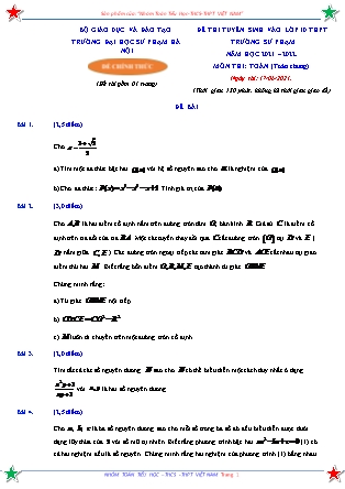 Đề thi tuyển sinh vào Lớp 10 môn Toán - Năm học 2021-2022 - Trường Đại học Sư phạm Hà Nội (Có đáp án)