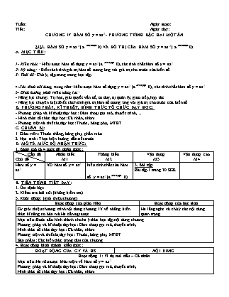 Giáo án phát triển năng lực Đại số Lớp 9 theo CV3280 - Chương 4: Hàm số y = ax². Phương trình bậc hai một ẩn