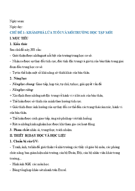 Kế hoạch bài dạy Hoạt động trải nghiệm Lớp 6 Sách Chân trời sáng tạo - Chương trình cả năm