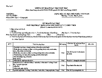 Kế hoạch dạy học môn Vật lí THCS - Chương trình học kì 2 - Năm học 2020-2021