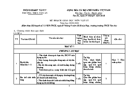 Kế hoạch giáo dục Vật lí THCS theo CV5512 - Năm học 2020-2021 - Trường THCS Tân An